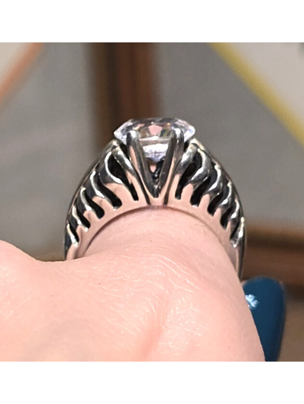 Kabana Sterling Silver High Profile Ribbed Openwork Ring Oval Solitaire size 8
